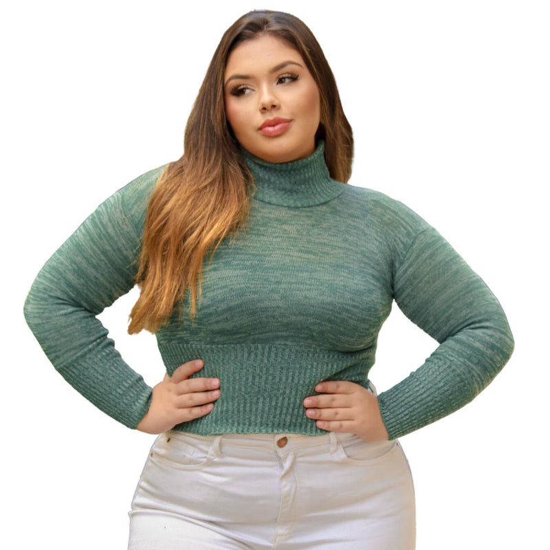 Blusa feminina de tricô gola alta manga longa sueter cropped d frio curto taman