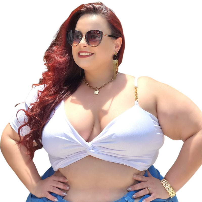 Cropped Feminino Nula Decote V Nó Torcido Uma Manga Curta E Outra Com Alça Cor