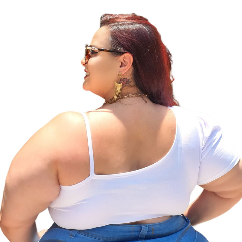 Cropped Feminino Nula Decote V Nó Torcido Uma Manga Curta E Outra Com Alça Cor