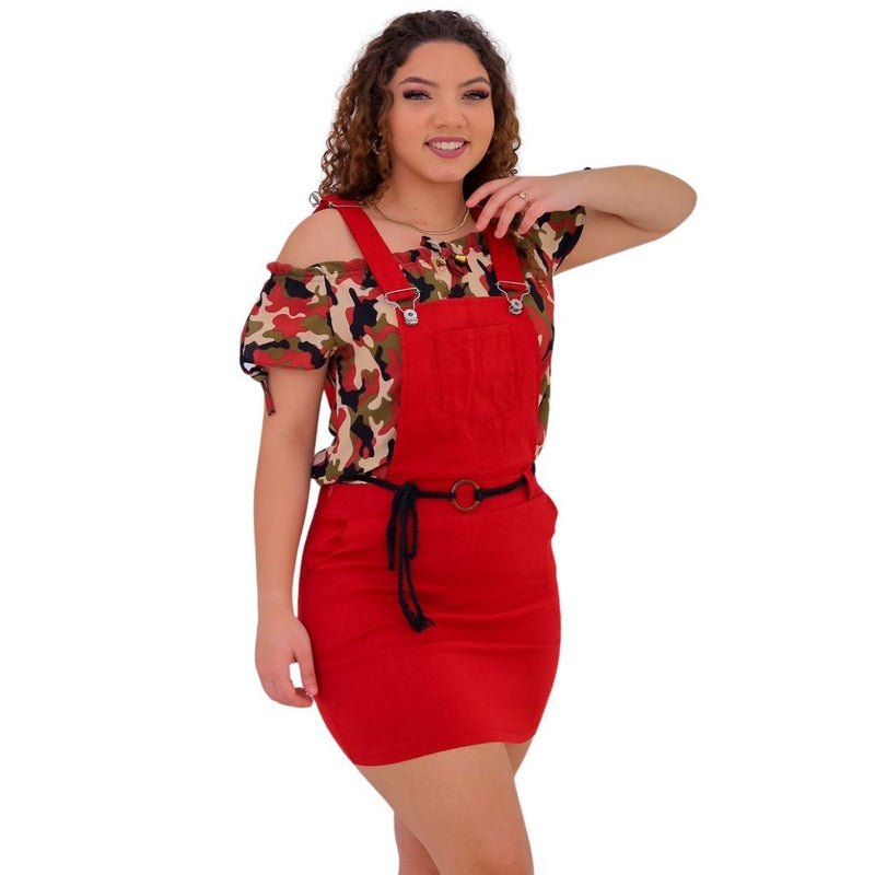 Jardineira Feminina Saia Bengaline Salopete Com Suspensório Zíper E Bolsos Mac